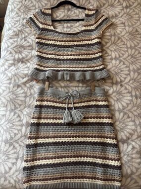 Promesa Striped Crochet Two-Piece Skirt Set in Gray, Cream & Brown